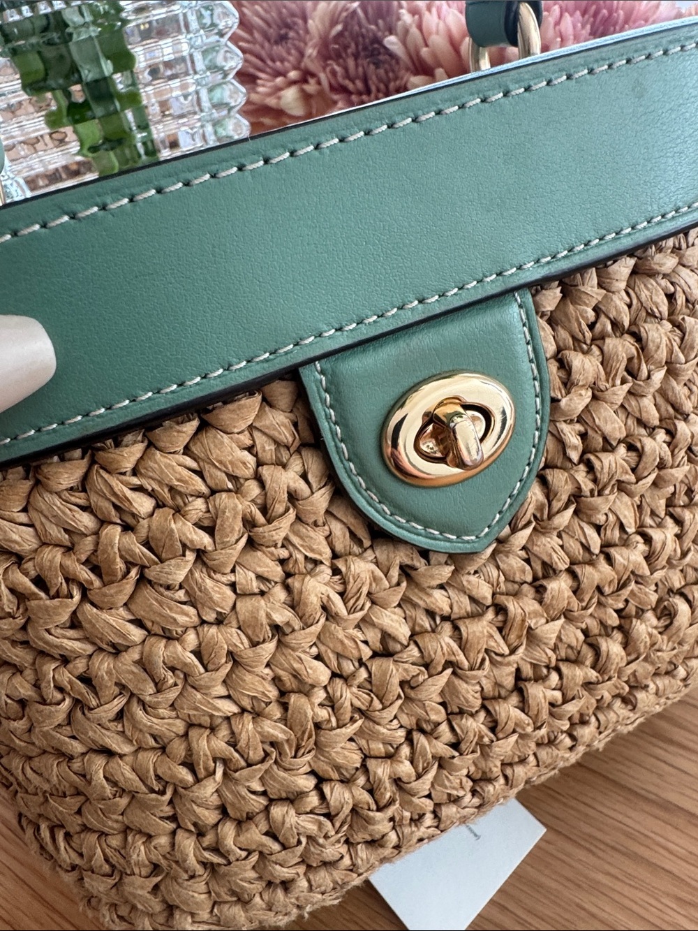 Coach Straw Crossbody with Green Leather Trim and Gold Hardware - Picture 4 of 7